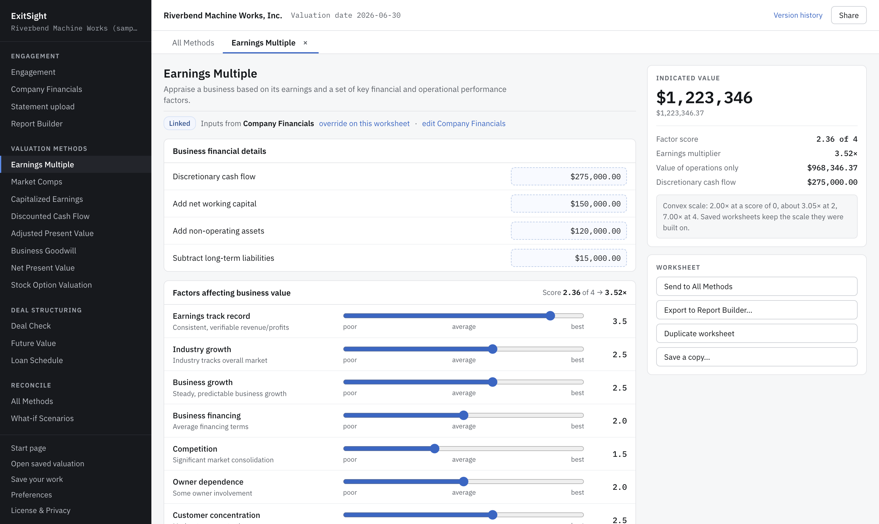 The Earnings Multiple worksheet with scored value drivers and the live valuation result