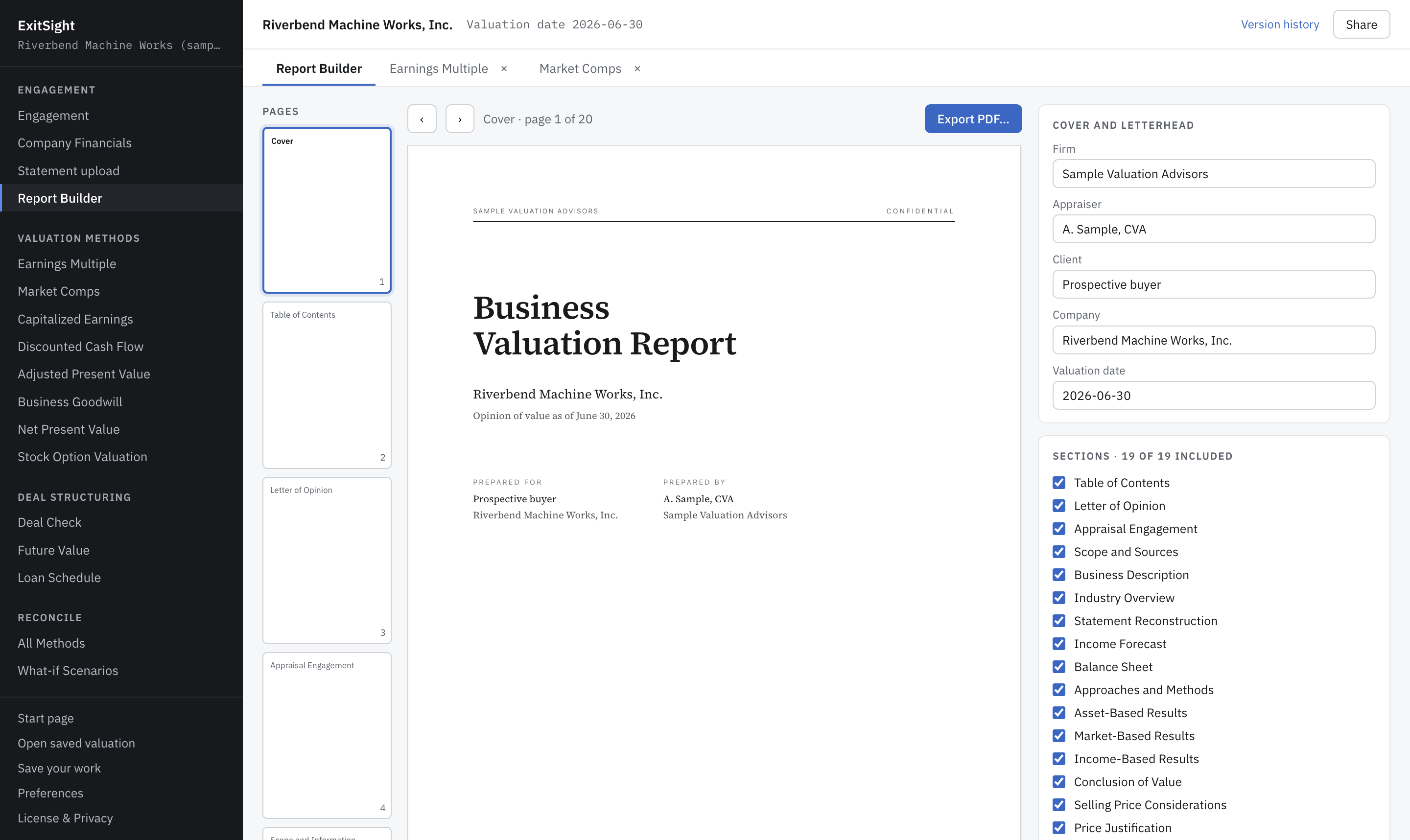 The Report Builder: page thumbnails, the typeset report page, and section controls