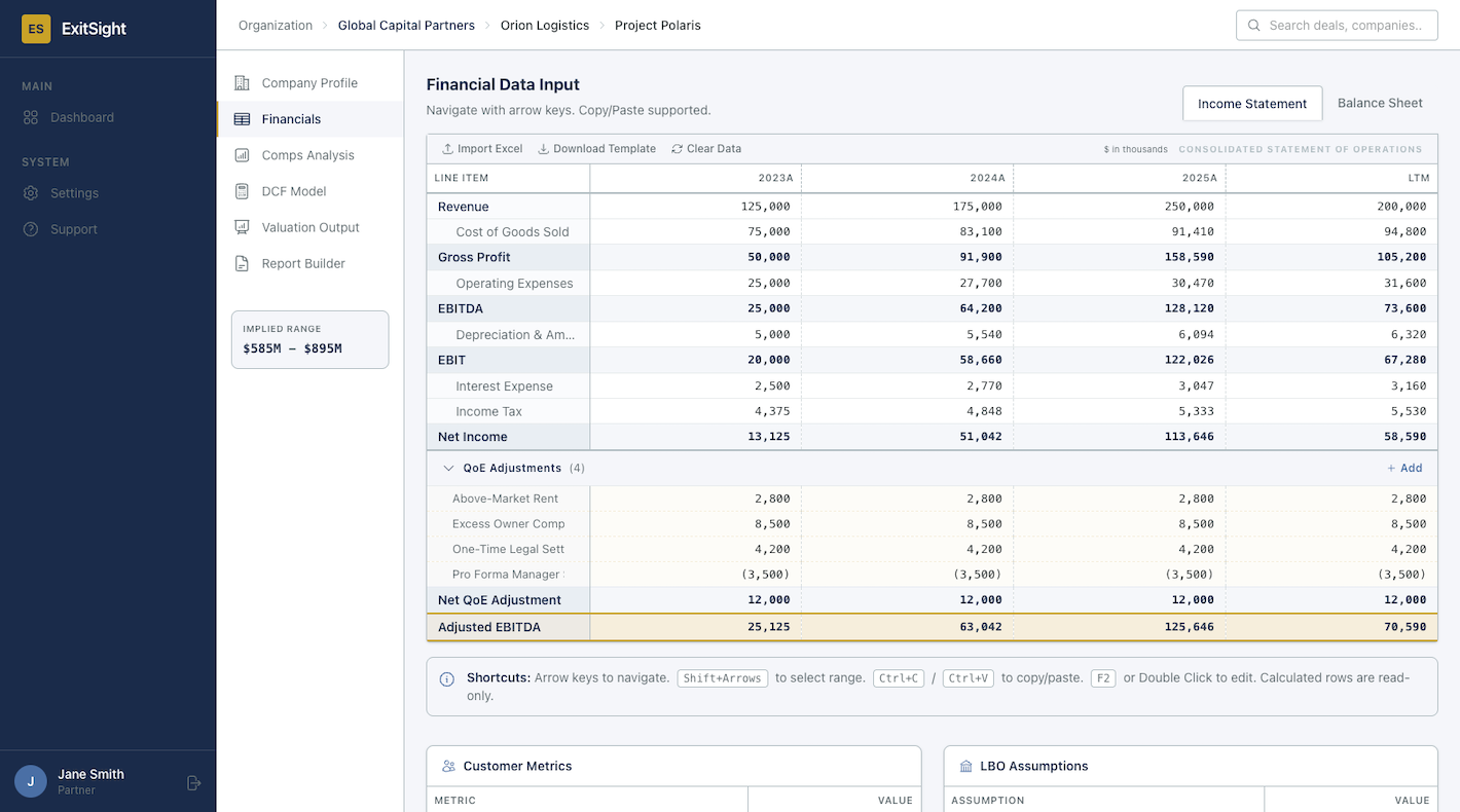 Financial Data Input spreadsheet with Income Statement, QoE Adjustments, and Excel import
