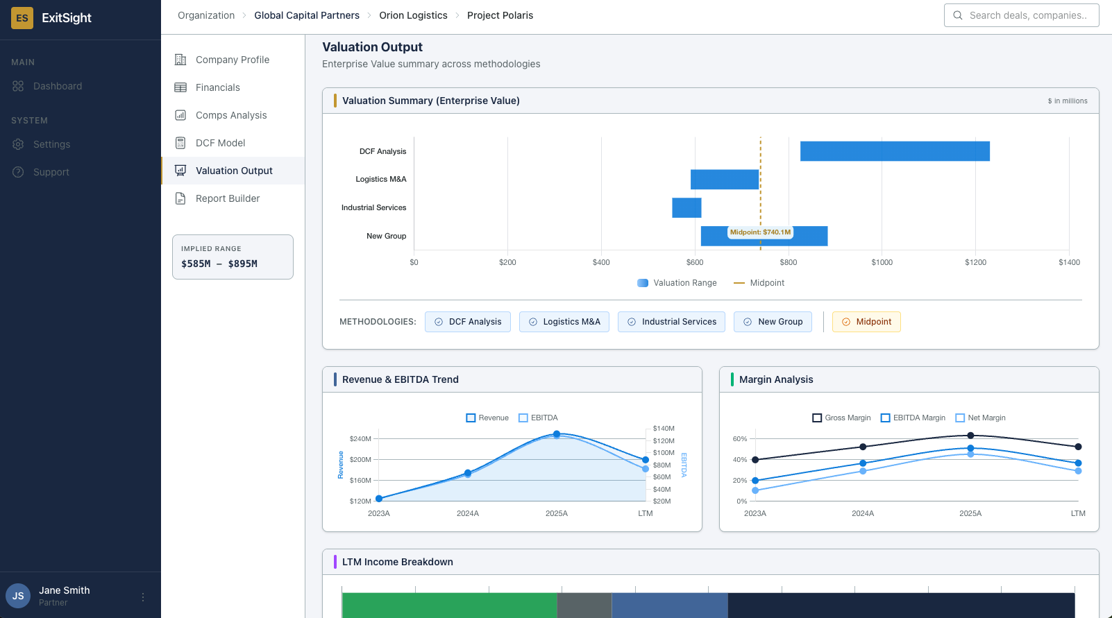 ExitSight Valuation Output - Football field chart and analytics